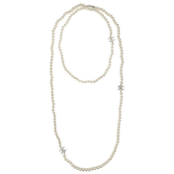 Long white pearl necklace