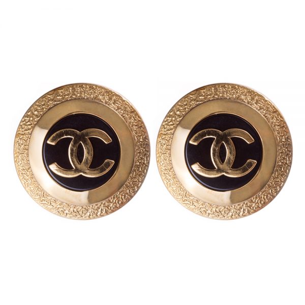 Vintage black enamel  CC gold earrings