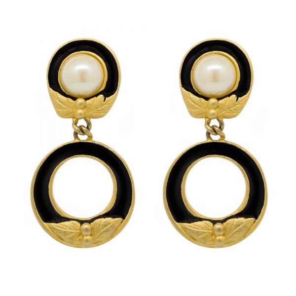 Vintage black enamel hoop earrings