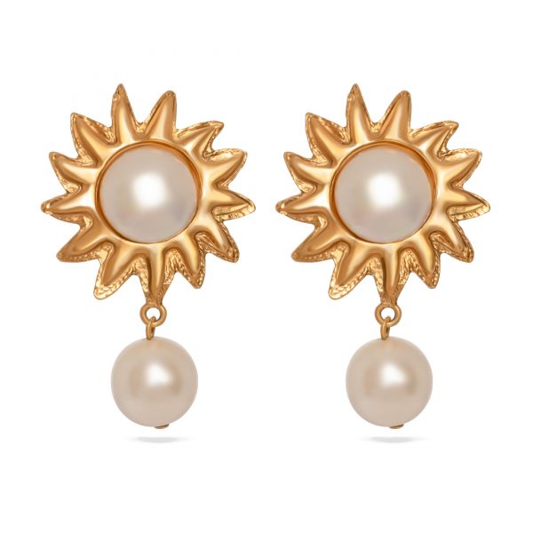 Gold sun white pearl earrings
