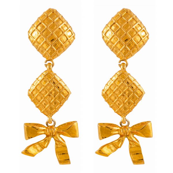 Vintage ribbon bow gold drop earrings