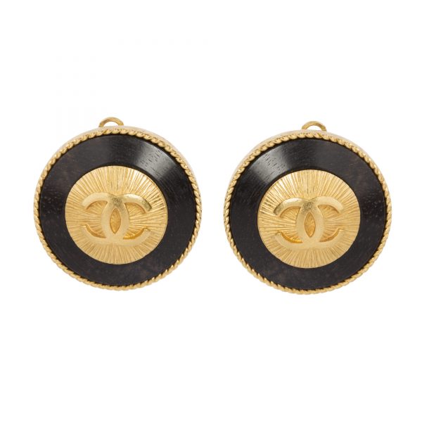 Vintage black enamel CC button earrings