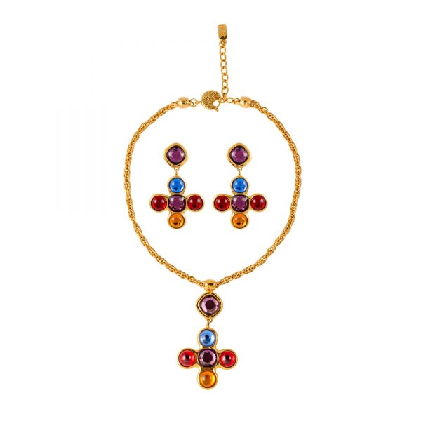 Vintage multicoloured jewelled cross set