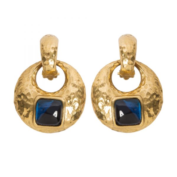Vintage gold blue stone hoop earrings