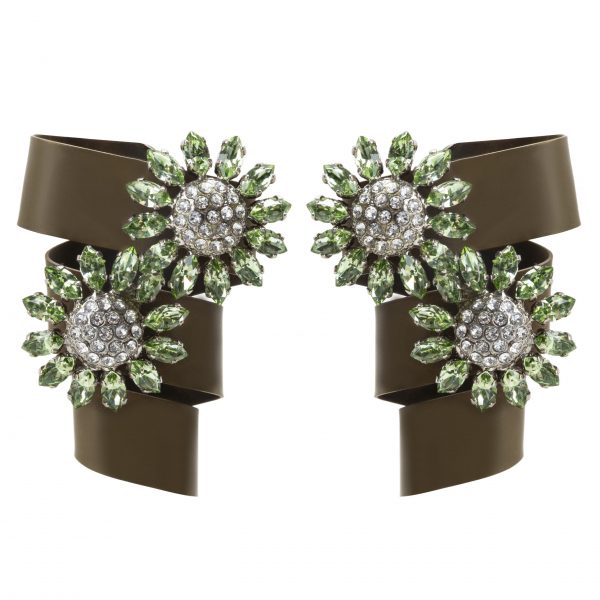 Green bow crystal flower earrings