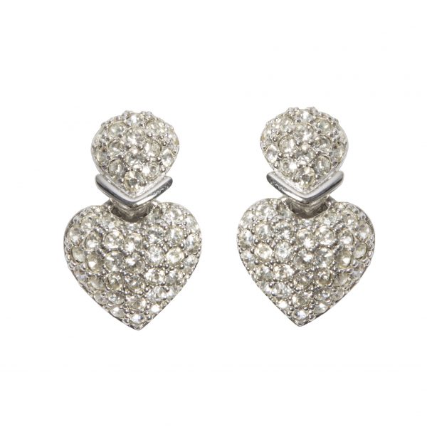 Vintage silver crystal heart dangle earrings