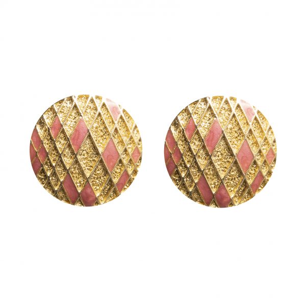 Vintage pink enamel round gold earrings