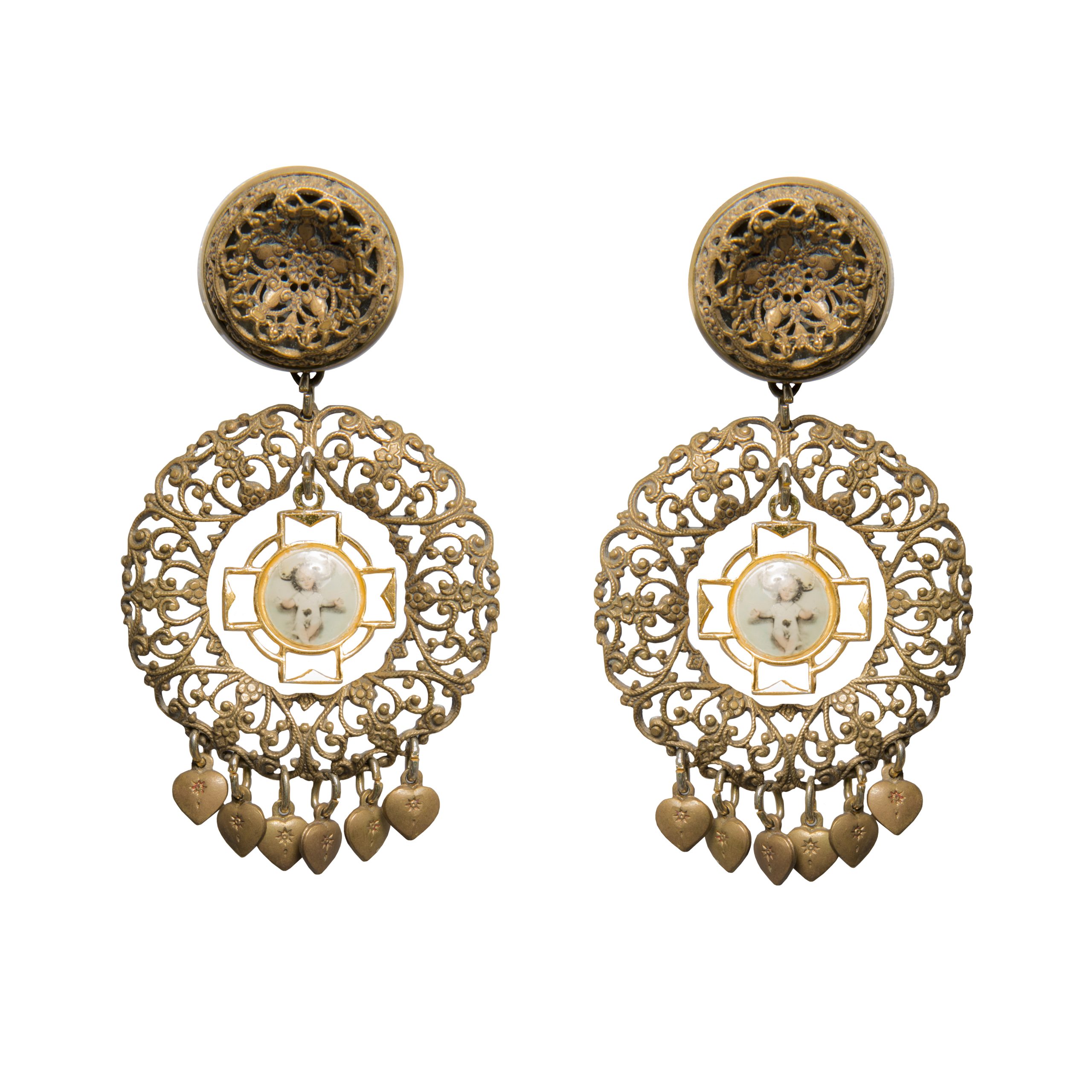 Vintage religious gold crochet hoop earrings