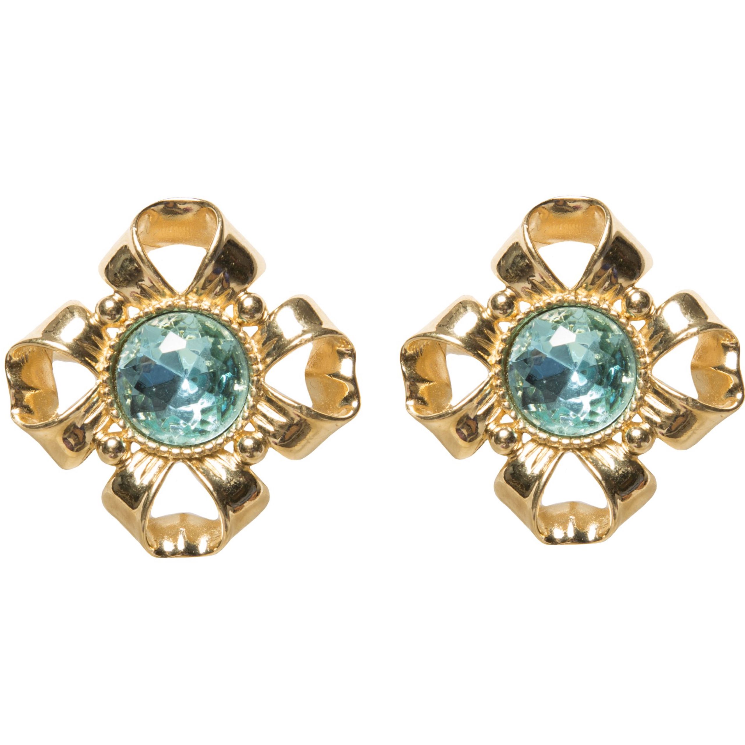 Vintage gold flower earrings with blue stone