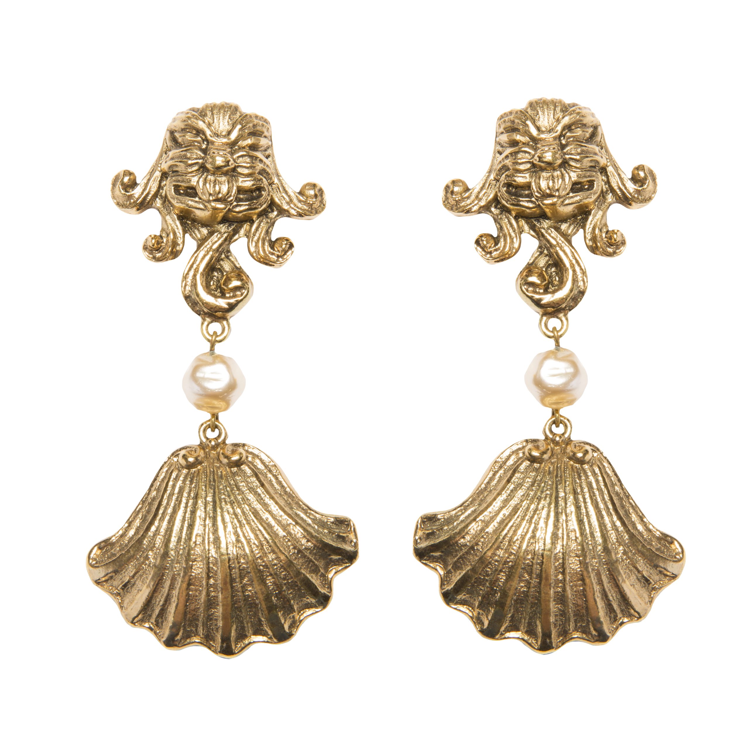 Vintage rare shell drop gold earrings