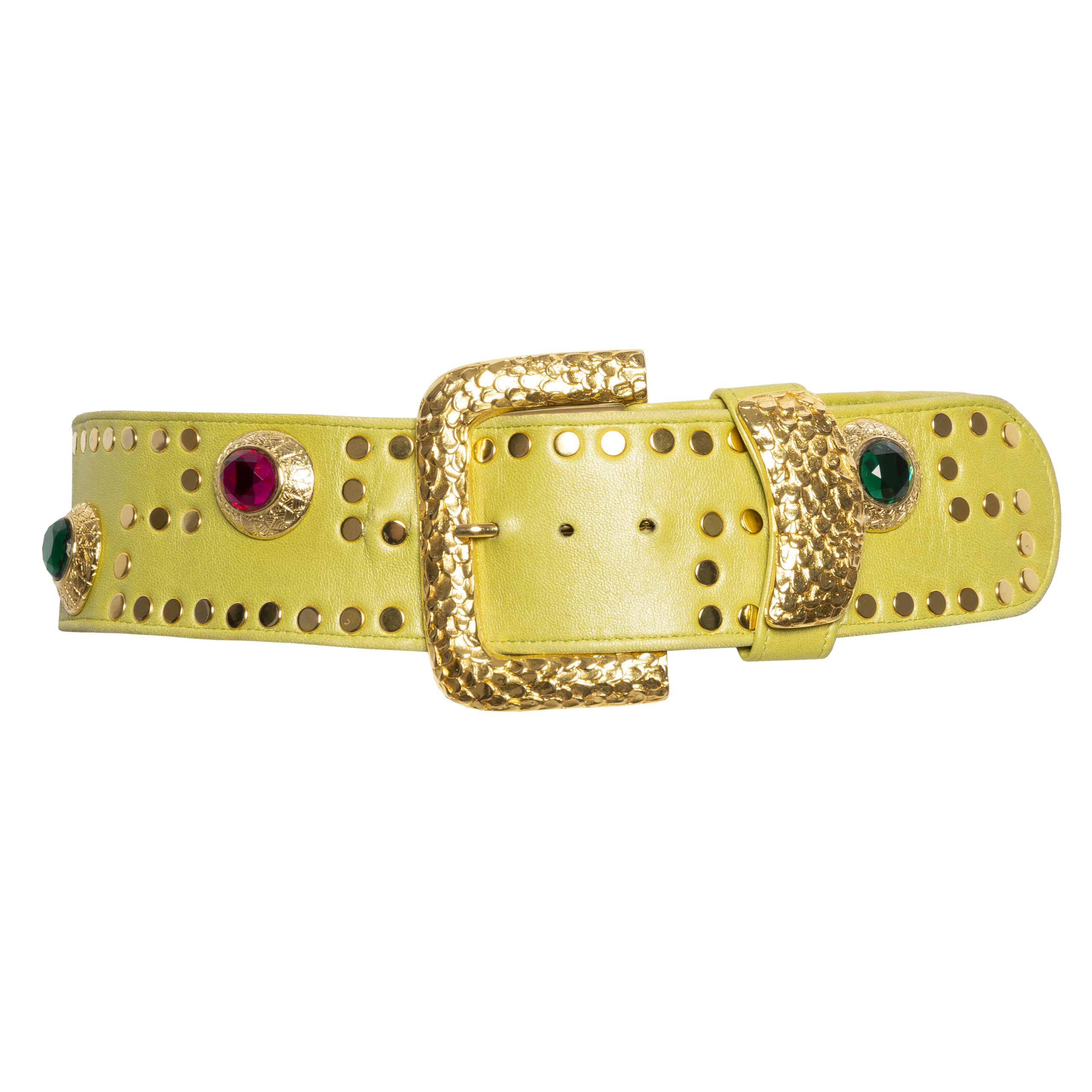 Vintage yellow leather belt with stones