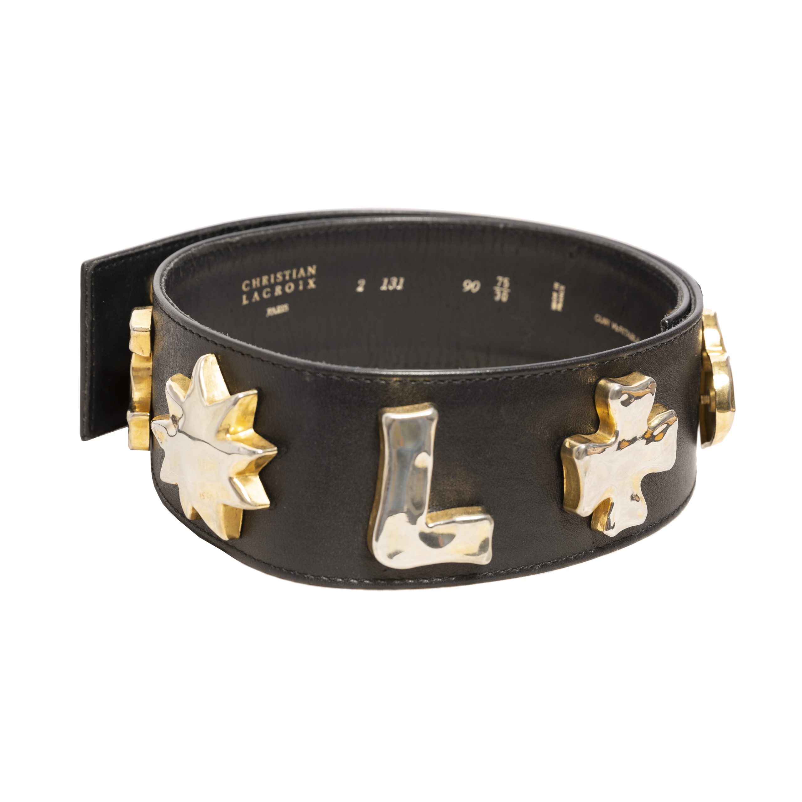 Vintage black leather belt with gold letters
