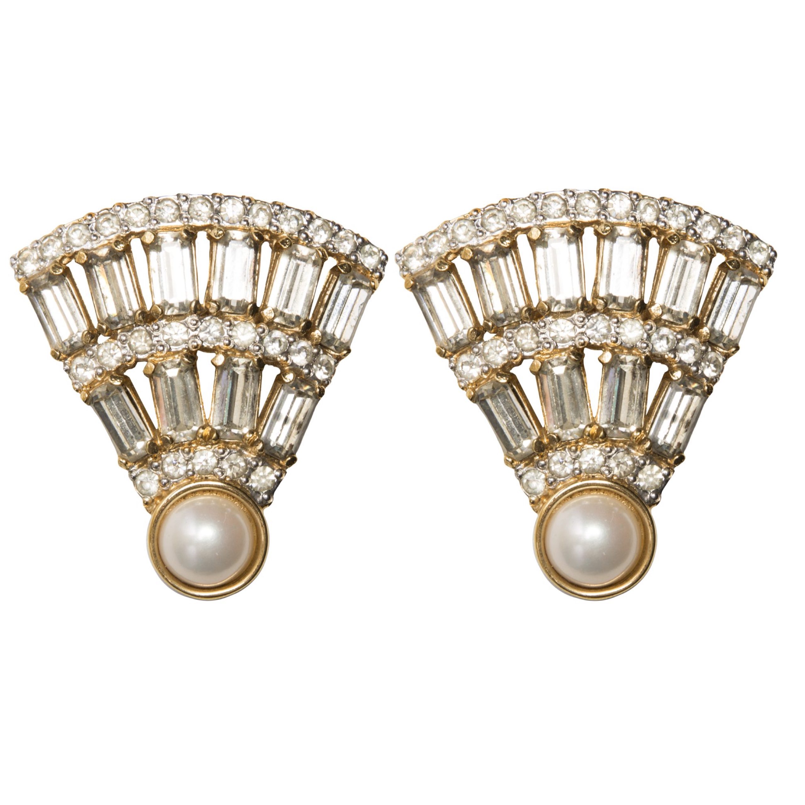 Vintage crystal fan shape earrings