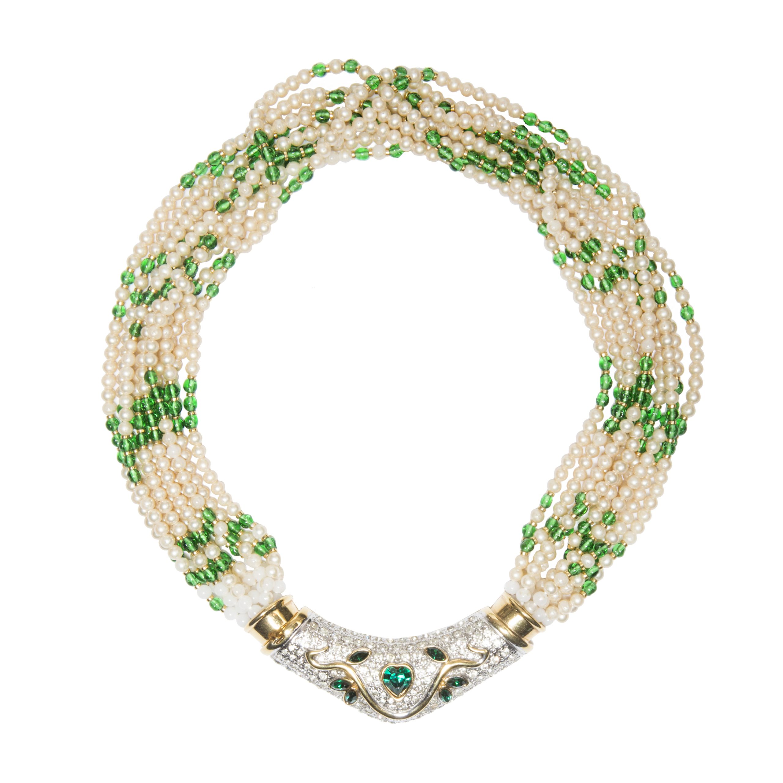 Vintage pearl green necklace with rhinestones