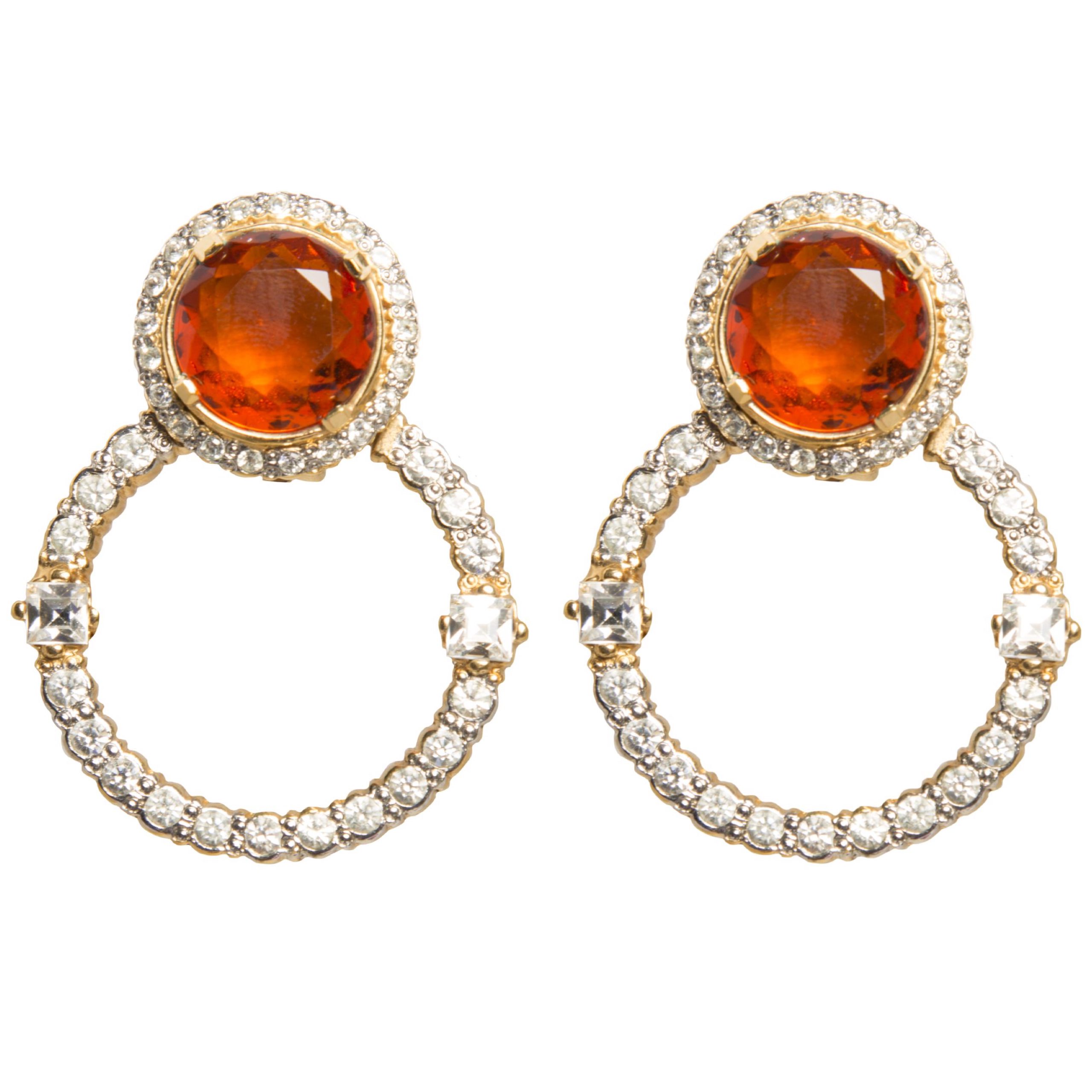 Vintage amber stone crystal hoop earrings