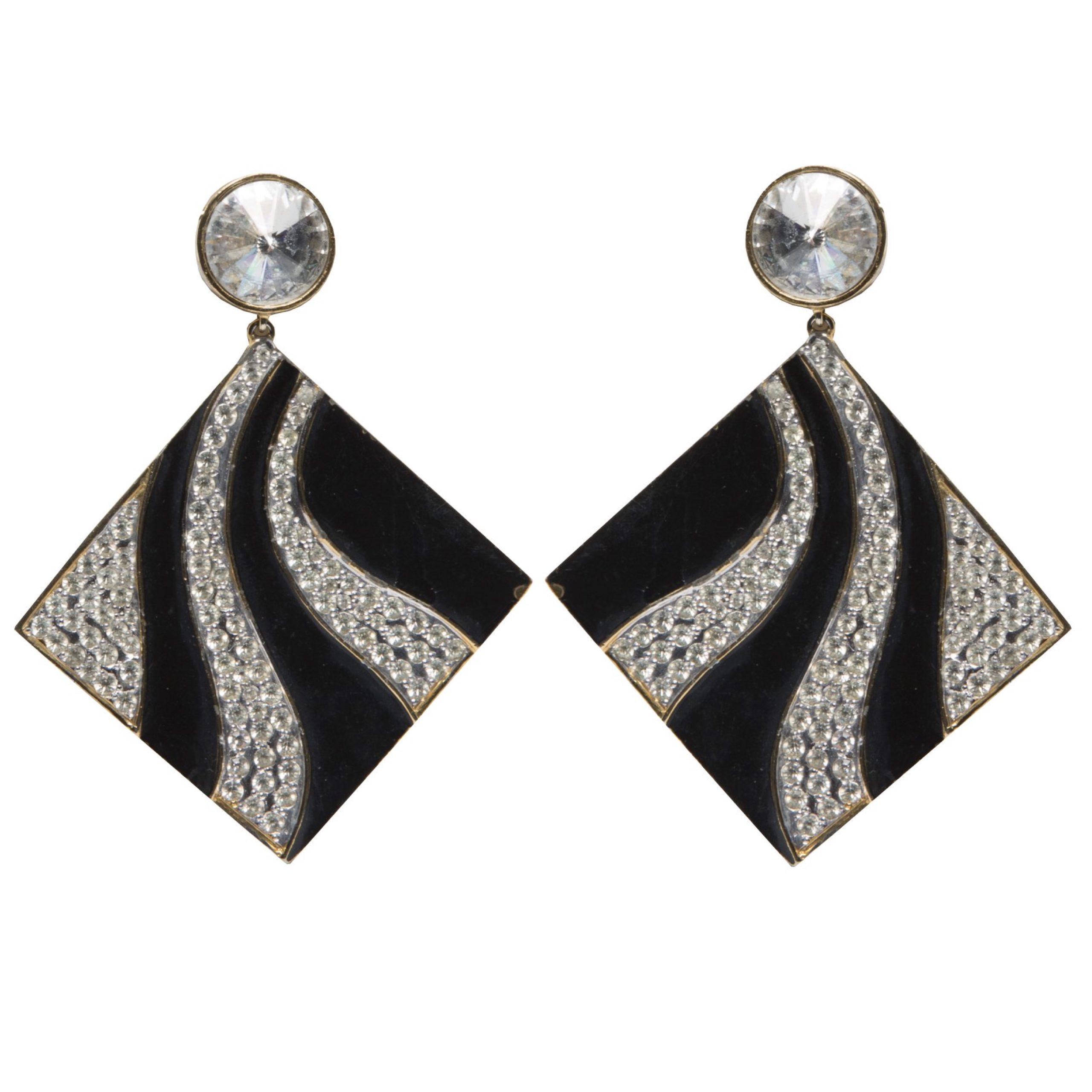 Vintage black enamel square dangle earrings