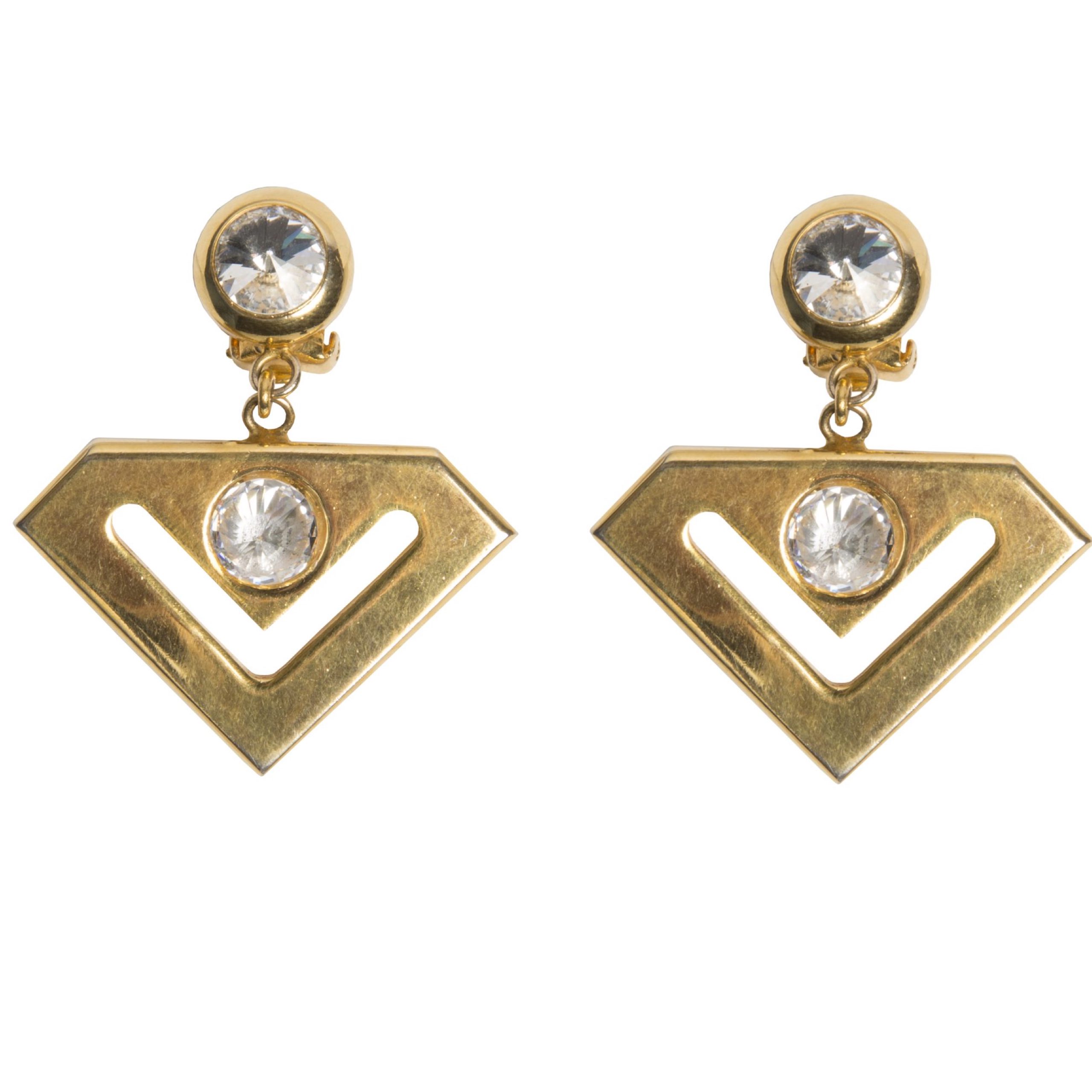 Vintage gold triangle earrings with crystal